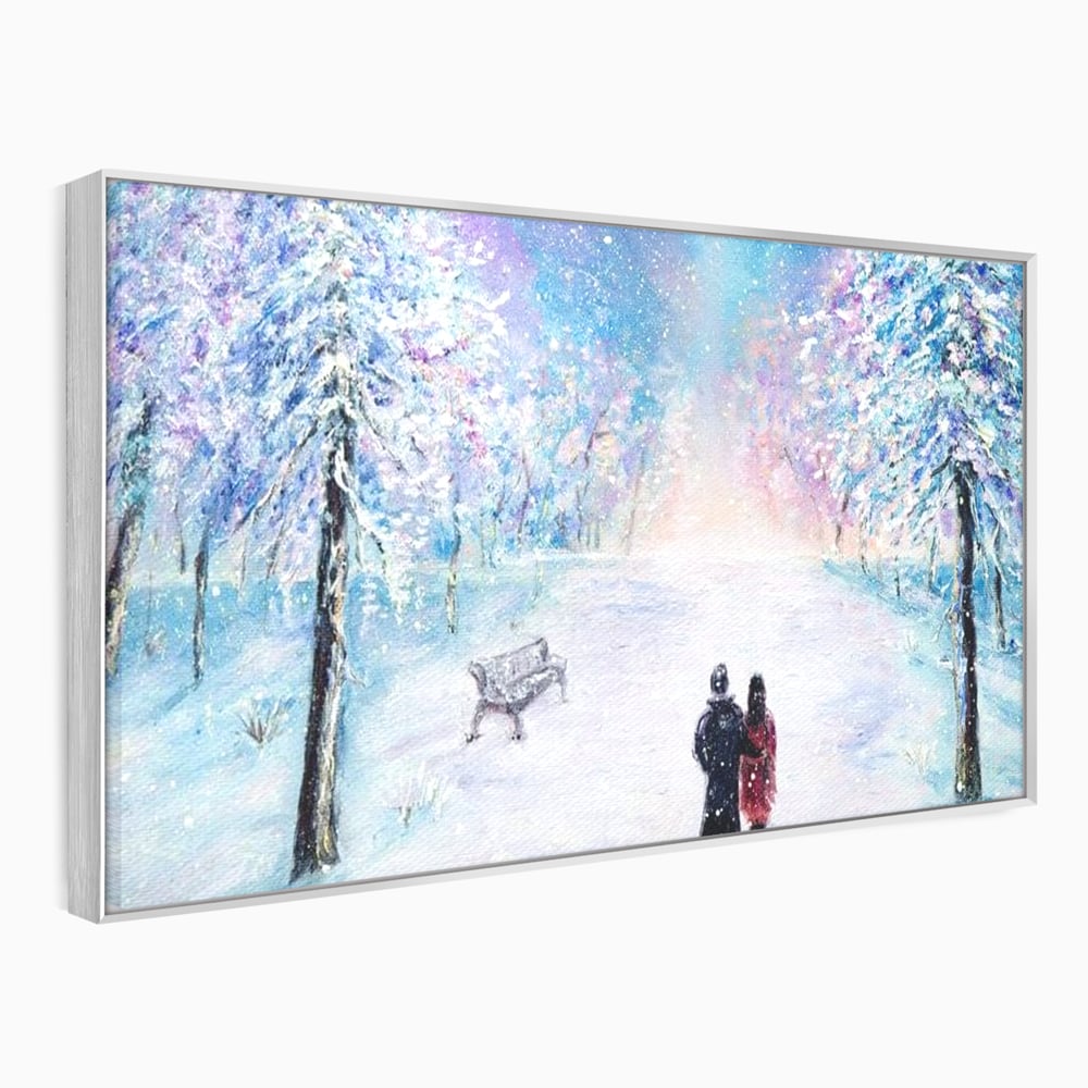 Tablou canvas cu tablou pictura cuplu pe zapada, in rama de aluminiu argintiu